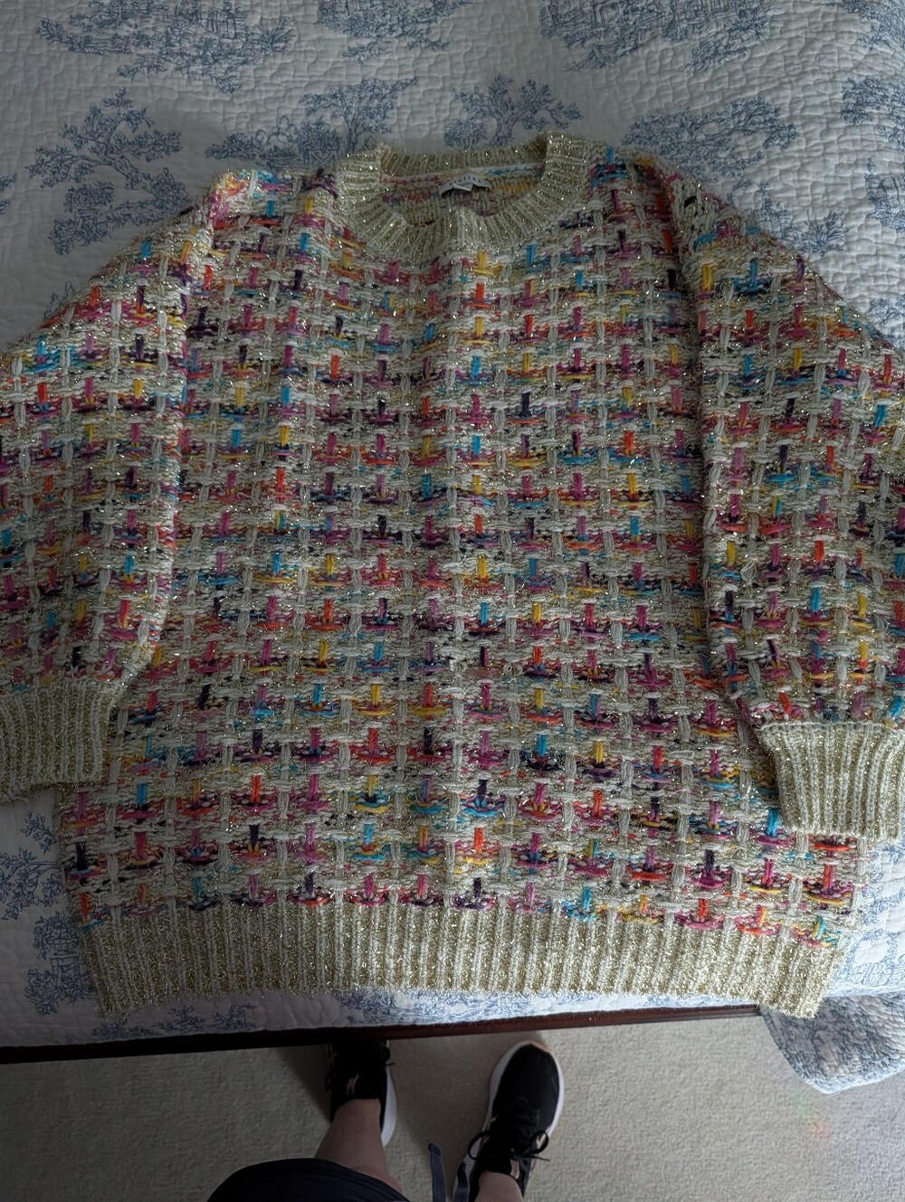 Stellah Multicolor Tweed Sweater with Gold Metallic Thread